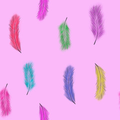 Seamless pattern with multicolored feathers on pink background. Red, yellow, blue, green, purple feathers. Soft and fluffy. Print, packaging, wallpaper, textile design