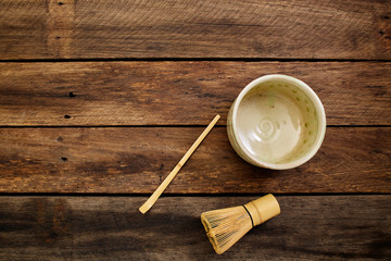 Japanese maccha green tea on wood plank