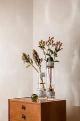 Stylish and floral composition of beautiful flowers in modern vases on the retro wooden commode with elegant accessories. Blossom concept with shadows on the beige wall. Interior design. Template. 