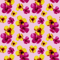 Beautiful watercolor seamless pattern with colorful flowers  orchid  on pink background. Tropical flower design  best for wallpaper, wrapping, backdrop, textile, banner