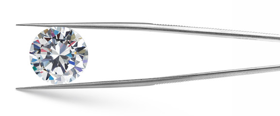 Round Diamond in Tweezers on White Background
