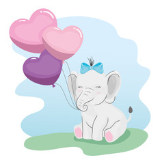 cute elephant with balloons helium in shape heart vector illustration design