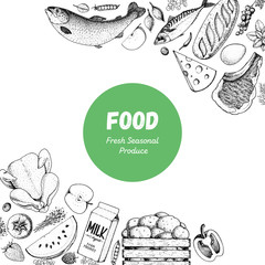 Food sketch. Vector illustration. Vegetables, fruits, meat hand drawn. Organic food set. Good nutrition pattern. Hand drawn food design elements.