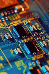 Electronic circuit board with electronic components such as chips close up. The concept of the electronic computer hardware technology.