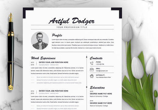 Resume Layout with Black Bracket Border Element