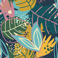 Contemporary exotic floral seamless pattern. Creative tropical hand drawn textures.