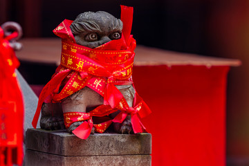 Chongqing, China - March 21, 2018: Sculpture of a little lion wrapped in bright red ribbons with mantras, prayers in a Buddhist temple.