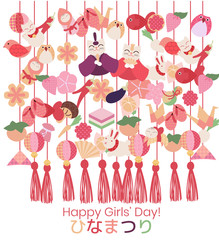 Hina Matsuri (Japanese Girls Festival) celebration card. Tsurushi Bina hanging handmade decoration with emperor family dolls and various objects. Caption translation: Hinamatsuri
