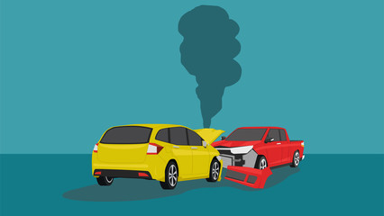 Accident with two cars crashing into the front bumper And there was smoke coming out with various debris. Cars vector illustration.