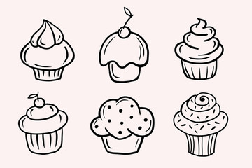 Set of cupcakes. Set of Vector linear illustrations in doodle style. Freehand drawing