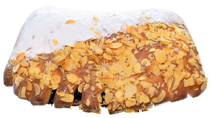 Sweet bun with icing sugar and peanut chips isolated