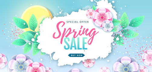 Spring big sale poster with full blossom flowers. Spring flowers background