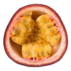 Cut passion fruit close up isolated