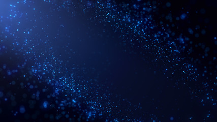 Blue particles abstract background with flare shining floor particle stars dust.Beautiful futuristic glittering in space on black background.	