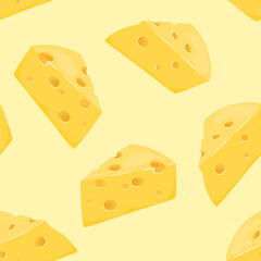 Pieces of cheese on yellow background seamless pattern. Vector food illustration. Dairy product in cartoon flat style.