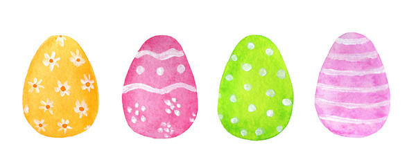 Set of watercolor Easter colored painted eggs isolated on a white background