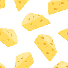 Cheese seamless pattern. Yellow pieces of cheese on white background. Vector food illustration in cartoon flat style.