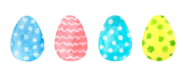Set of watercolor Easter colored painted eggs isolated on a white background
