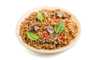 Spelt (dinkel wheat) porridge with vegetables and mushrooms on ceramic plate  isolated on white background. Side view, close up.