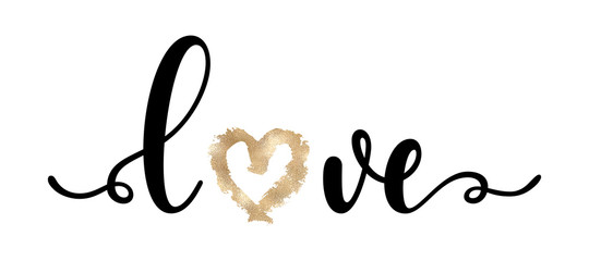 Love - black handwritten word with hand-drawn golden heart shape isolated on white background. Modern vector element for your design. Decorative inscription.