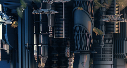 Details of a city of science fiction (Science-fiction city with giant skyscrapers and flying spaceships 3d)