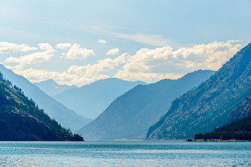 Mountain landscape with blue Seton Lake in Coastal Mountains. Lillooet, British Columbia, Canada.