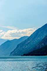 Naklejka na ściany i meble Mountain landscape with blue Seton Lake in Coastal Mountains. Lillooet, British Columbia, Canada.