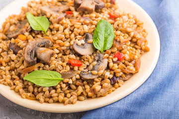 Spelt (dinkel wheat) porridge with vegetables and mushrooms on ceramic plate on a gray concrete background. Side view, selective focus.