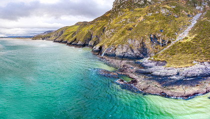 Aerial view of the beach and caves at Maghera Beach near Ardara, County Donegal - Ireland