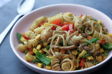 Closeup of homemade noodles in a plate 