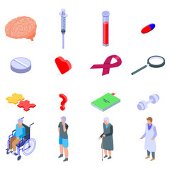 Alzheimers disease icons set. Isometric set of alzheimers disease vector icons for web design isolated on white background