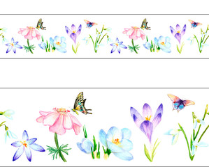 watercolor horizontal banner, seamless pattern. Spring flowers