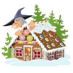 Funny gingerbread house made of sweets and cookies. Illustration for a fairy tale. Witch. Trap. Temptation.