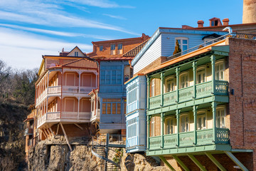 Abanotubani district with wooden carved balconies in the Old Town of Tbilisi, Georgia.