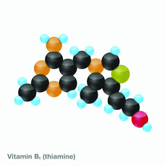 The molecule of vitamin B1 (thiamine). Vector illustration in 3d style, isolated on white background.