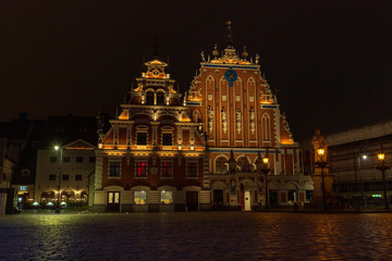 Riga, Latvia - November 19, 2019: House of the Blackheads at night.