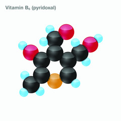 The molecule of vitamin B6 (pyridoxal). Vector illustration in 3d style, isolated on white background.