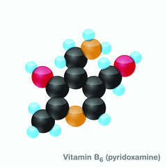 The molecule of vitamin B6 (pyridoxamine). Vector illustration in 3d style, isolated on white background.