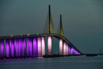Skyway Bridge light display—animated purple and white