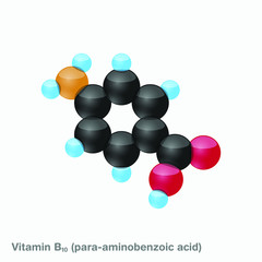 The molecule of vitamin B10 (para-aminobenzoic acid). Vector illustration in 3d style, isolated on white background.