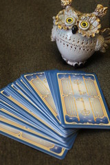 Peacock Feather Tarot Cards and Owl Figurine