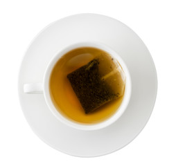 A Cup of tea with a tea bag and saucer on a white. Isolated