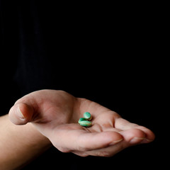 A man's hand in a black T-shirt holds multicolored antiviral tablets.