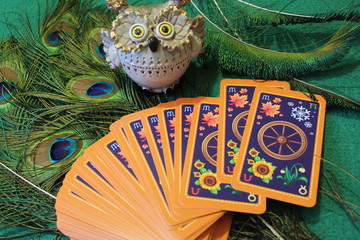 Peacock Feather Tarot Cards and Owl Figurine
