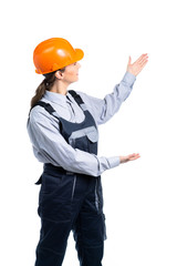 girl civil engineer shows to the side with hand gestures. Isolated