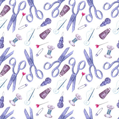 Watercolor seamless pattern with sewing accessories and attributes. Parts and tools for tailors