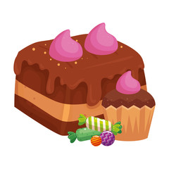 brownie chocolate with cupcake and candies vector illustration design