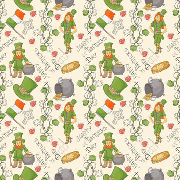 seamless 7 pattern illustration for design on the Irish theme of St Patricks day in the style of Doodle