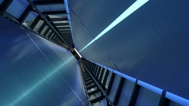 Vortex style shot of a large hexagonal concourse, exposed to the exterior revealing the business district a large metropolis