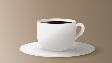 Realistic cup with coffee. Vector. White cup on a saucer side view. Espresso isolated on a white background.